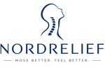 NORDRELIEF – marinblå logotyp med nack- och ryggradssymbol
